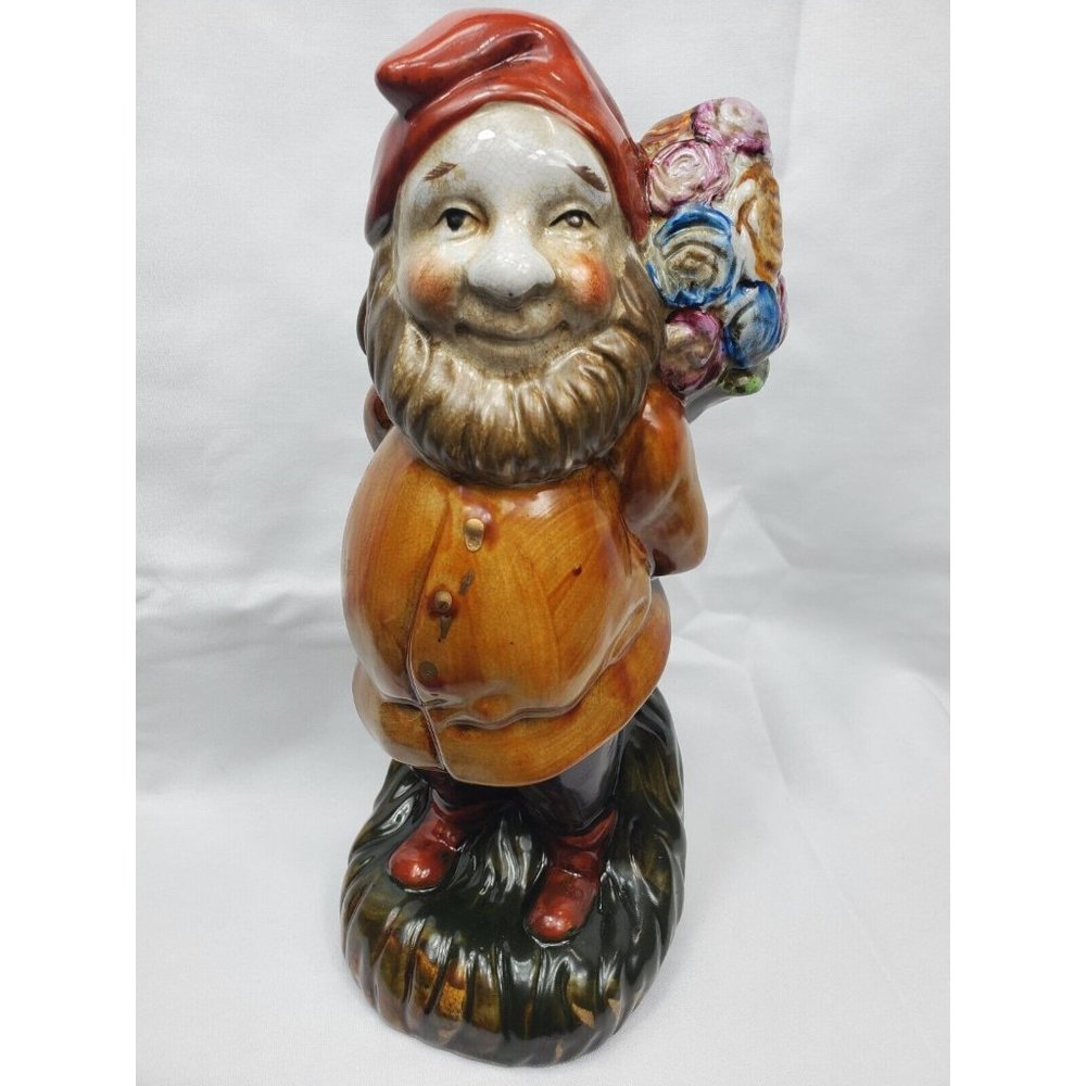 Vintage Phillip Griebel Large Ceramic Standing Gnome With Bouquet Home Decor 12"